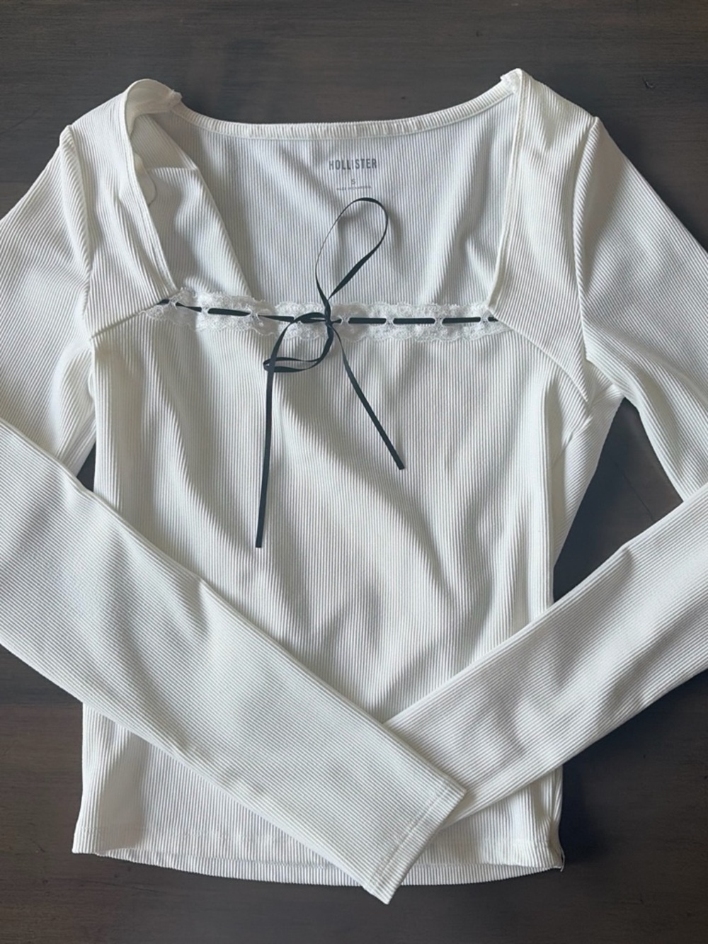 Hollister White Ribbed Long-Sleeve Lace-Up Top